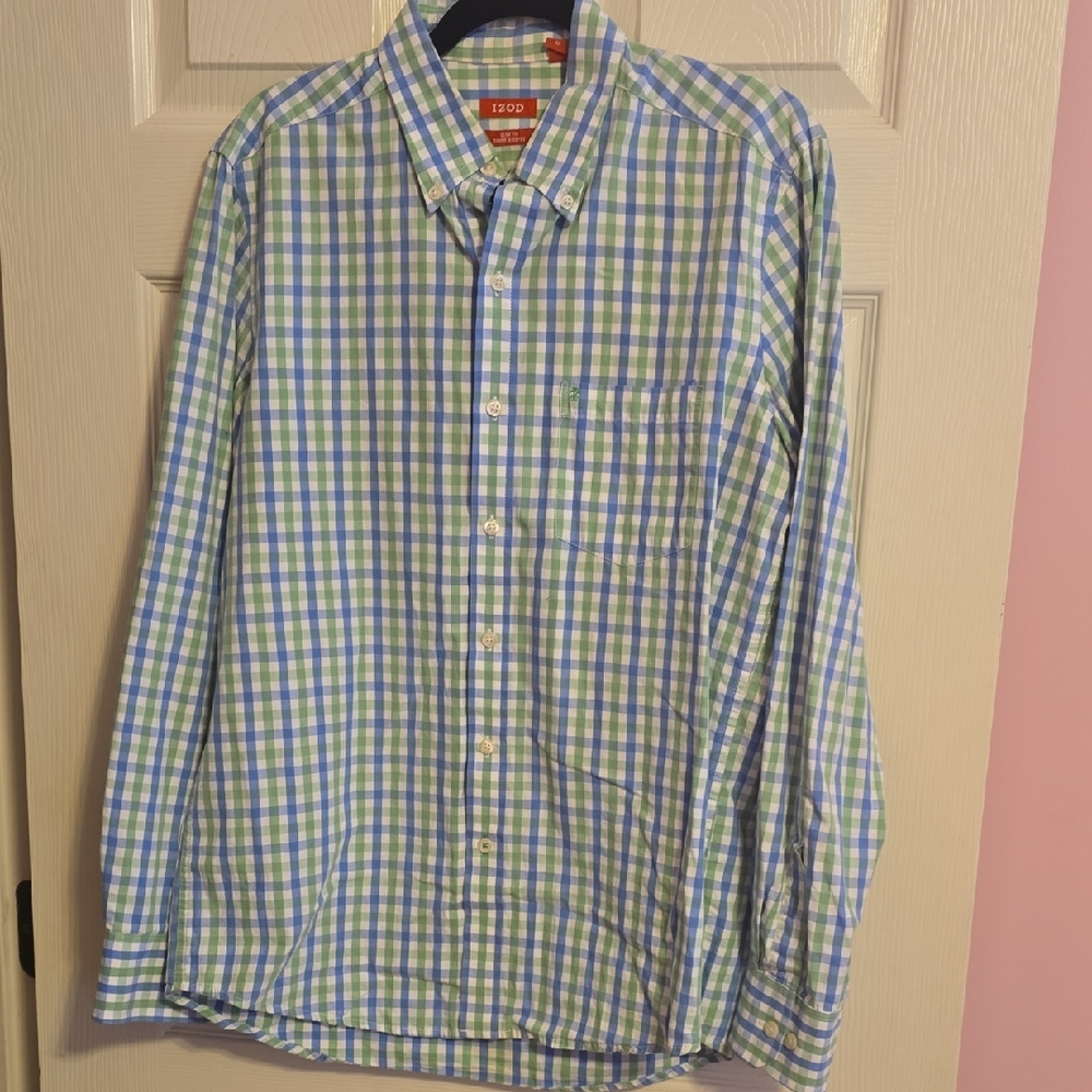 Izod Men's Casual Blue and Green Plaid Shirt